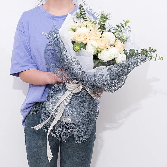 Korean Jacquard Net Mesh Openwork Floral Wrapping Paper 1 Roll Florist Supplies Flower Bouquet Wrapping Paper Floral Supplies for Fresh Flowers, 50cm x 5 Yard (Smoke Blue)