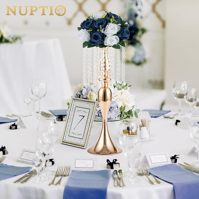 NUPTIO Artificial Flower Centrepieces for Tables - 2 Pcs 9.5in Diameter Navy Blue & White Fake Flowers Roses Balls - Silk Faux Rose Arrangement for Wedding Party Centerpiece Table Decorations