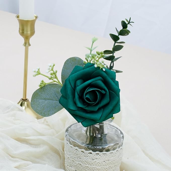 Artificial Flowers, 100pcs Hunter Green Artificial Rose for DIY Wedding Bouquets Centerpieces Arrangements, Fake Flower with Stem for Wedding Shower Party Tables Home Decorations