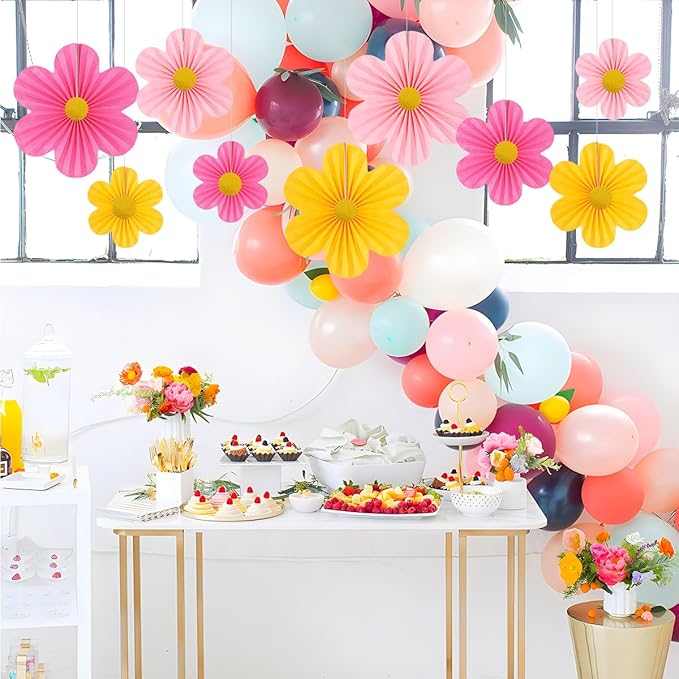 Pink Party Decorations Paper Flowers Decorations for Wall Classroom Paper Fans Floral Backdrop Flower Wall Decor Pack of 9 Pink Yellow