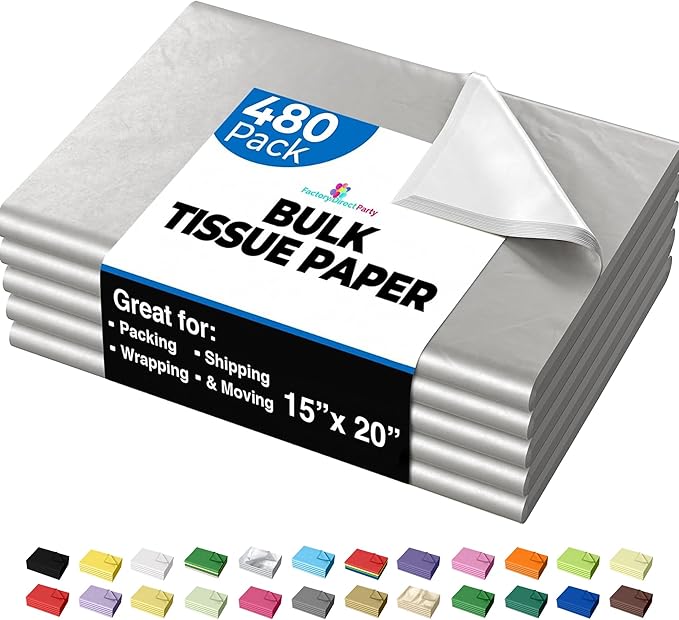 Party Solids Silver Tissue Paper for Gift Bags - 15" X 20" Bulk Tissue Paper Silver 480 Sheets - 10lb Newsprint for Packing, Birthday Gift Box Filler, Packing Supplies for Moving Supplies