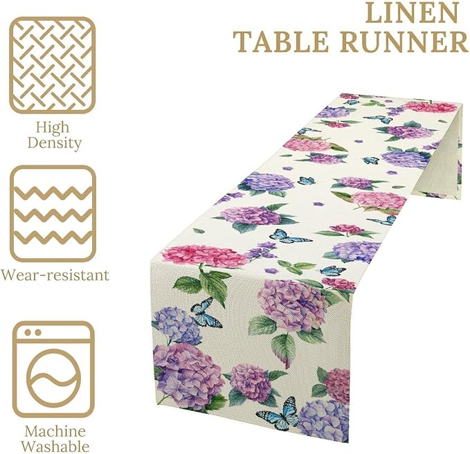 Hydrangea Table Runner, Spring Summer Watercolor Purple Floral Seasonal Country Farmhouse Coffee Table Center Decor for Home Kitchen Dining Patio Holiday Party Table Decorations 13x36 inches