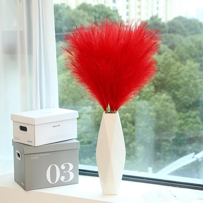 9 Stems Red Pampas Grass - 38 Inch Tall Fluffy Faux Pampas Grass Decor, Long Artificial Pompas Floral for Living Room, Wedding Centerpieces and Home Decor (Red)
