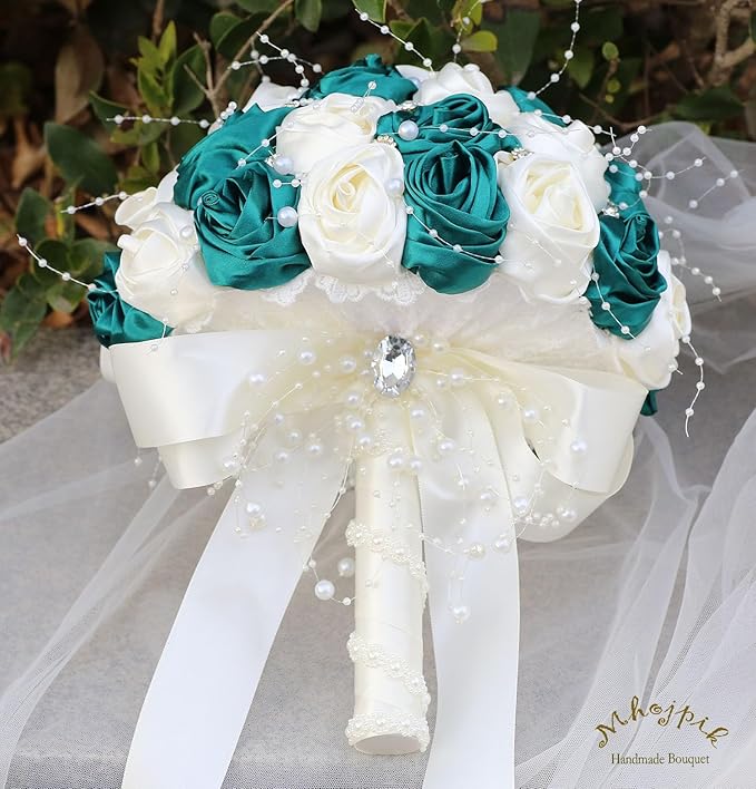 Bridal Wedding Bouquet Round Bling Brooch Bouquet Throw Toss Artificial Rose Flower Bunch for Bride Bridesmaid Wedding Quinceanera(Dark Green & Ivory, 7.5")