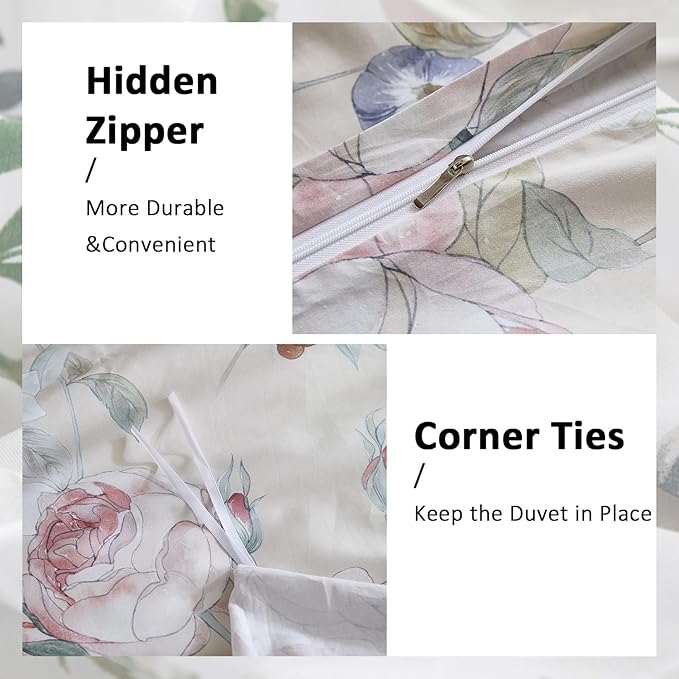 100% Cotton Duvet Cover King Size – Blooming Garden Duvet Cover Set with Zipper Closure & Corner Ties, 3-Piece Silky Soft & Breathable Pastel Floral Bedding Set for All Seasons