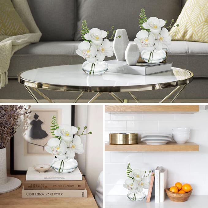 Oairse White Orchids Artificial Flowers Faux Orchids Arrangement in Clear Glass Vases Set of 3 Real Touch Phalaenopsis Orchid Flowers Small Fake Orchid Centerpiece for Dining Room Table