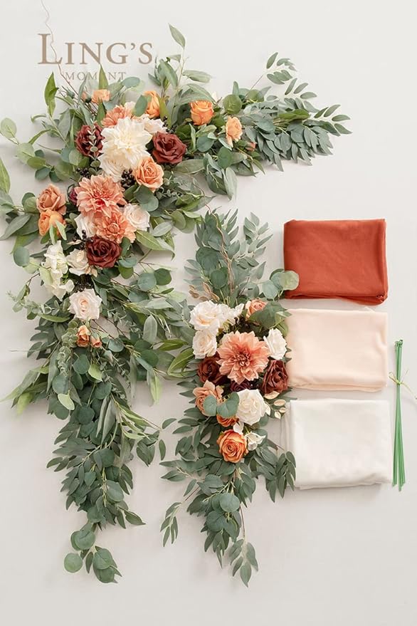 Ling's moment Fall Wedding Arch Flowers with Sheer Drapes Kit - Artificial Terracotta and Burnt Orange Floral for Ceremony Backdrop, Arbor Decor, 5-Piece Set (2 Flower Stems + 3 Hanging Drapes)