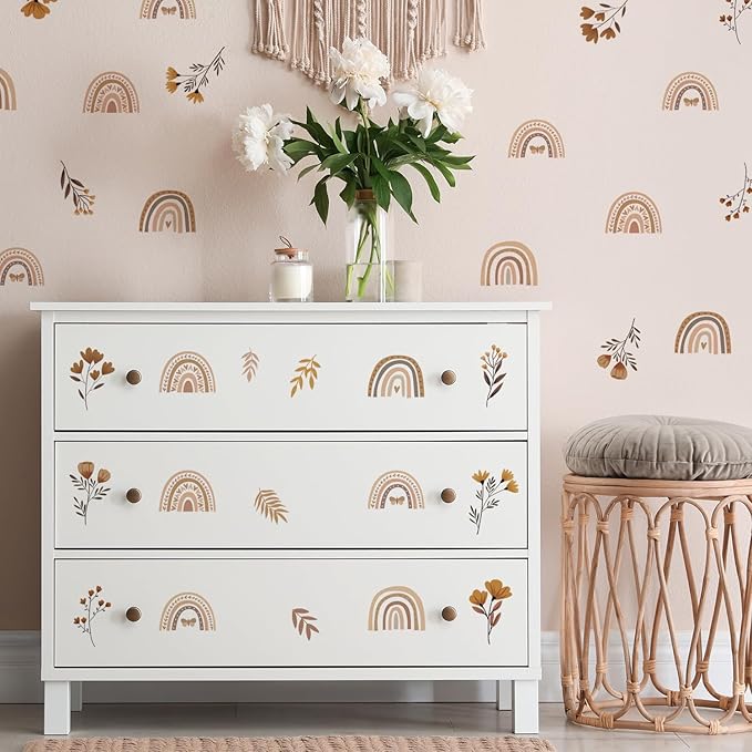 YouRfocus Boho Rainbow Floral Wall Decals for Nursery & Kids Room – Set of 96 Removable Peel and Stick Wall Stickers, Neutral Boho Home Decor (12 Sheets