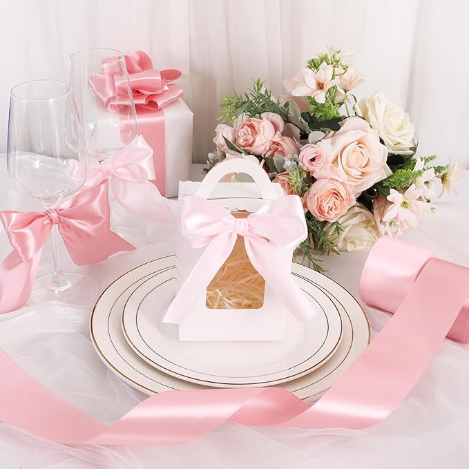 TONIFUL 2 in x 25 Yds Wide Light Baby Pink Satin Ribbon Solid Fabric Ribbons Roll for Crafts Chair Sash Valentine's Day Gift Wrapping Invitation Cards Floral Hair Bows Sewing Party Wedding Decoration