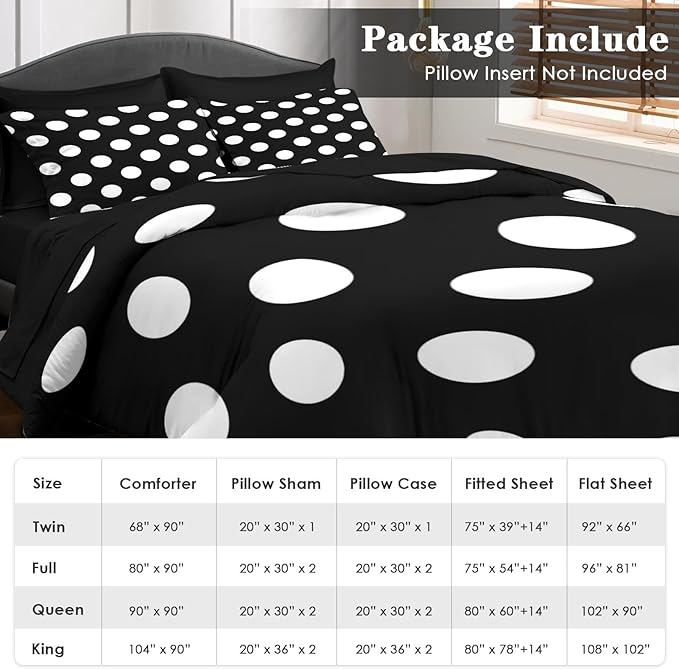 Comforter Set Full Size, Polka Dot Retro White Black 7 Pcs Bedding for Kids and Adults, Geometric Plaid Modern Bed Sheet Sets with Fitted Sheet 2 Pillowcase & 2 Sham for Bedroom Bed Decor