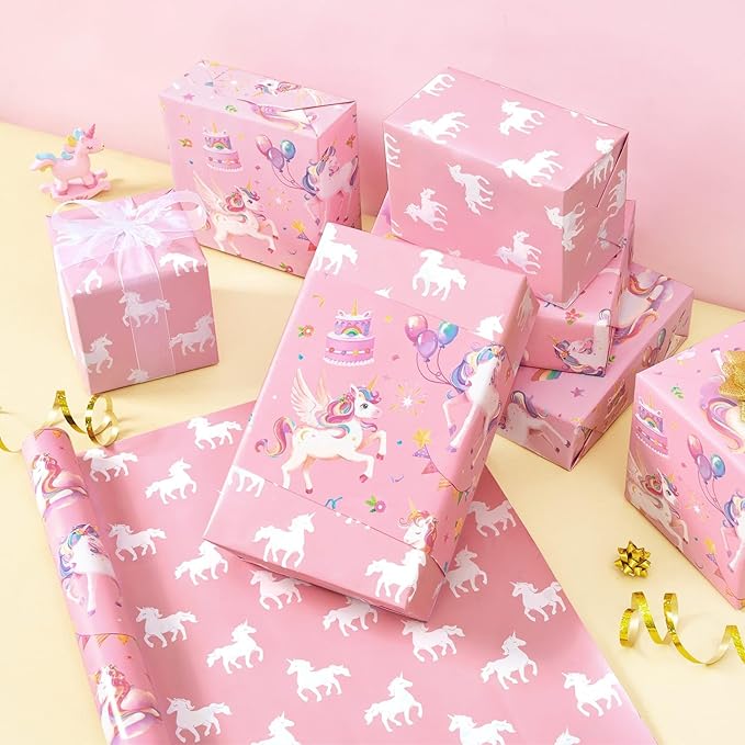 WERNNSAI Unicorn Gift Wrapping Paper - 1 Roll 17”x 33 ft Unicorn Birthday Wrapping Paper Pink Girl Gift Packing Supply Baby Shower Princess Theme Party Favor