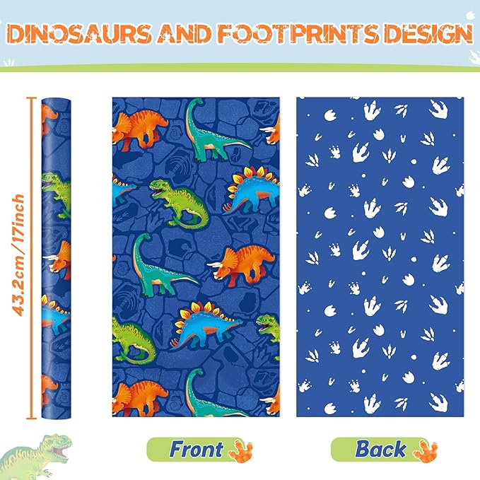 WERNNSAI Dinosaur Gift Wrapping Paper - 1 Roll 17” x 16.4 ft Dinosaur World Wrapping Paper Kids Boy Birthday Party Gift Packing Supply Blue Boy Baby Shower Wrap Paper Paw Prints Design Reversible