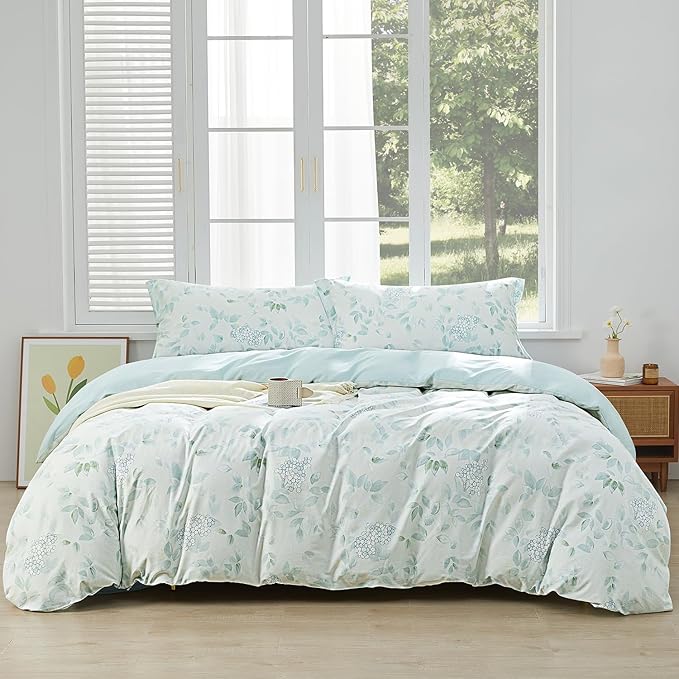 SAPHREAS Agua Blue Botanical Duvet Cover Twin 2pcs Leaves Bedding Comforter Cover Set 100% Cotton Soft 1 Duvet Cover 1 Pillow Sham, Comforter Not Included