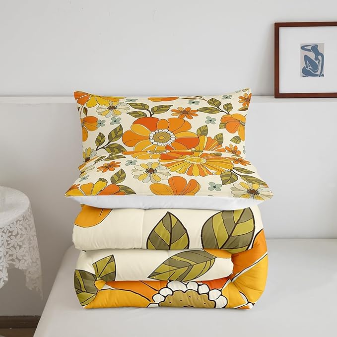 Castle Fairy Kids Retro Flowers Comforter Set Full Size,Watercolor Yellow Floral Green Leaves Plant Bedding Comforters Room Decor,70s Trippy Daisy Quilt Set with 2 Pillowcases,Teens Present
