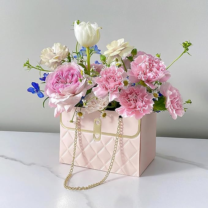 Jemattely Large Flower Paper Gift Bag,Bouquet Portable Flower Handbag Box with Metal Chain Rectangle Wedding Gift Wrap Bag Small Florist Carrier Bag for Wedding Mother Day Birthday Etc-4pcs Pink
