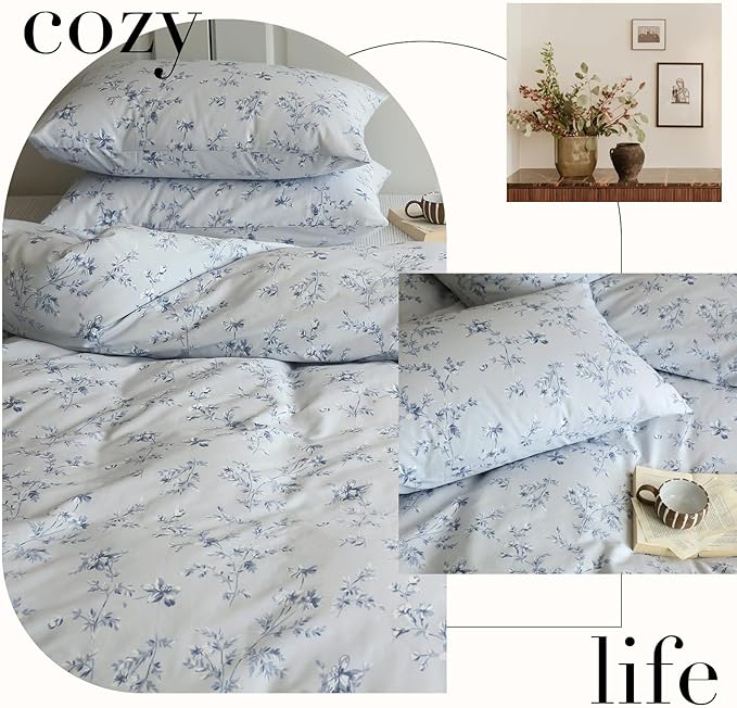 Blue Floral Duvet Cover Full Cute Kids Girls Bedding Set Cozy Cotton Flower Botanical Print Comforter Cover for Teens Children Boys Boho Garden Style Floral Bedding Sets Full with 2 Pillowcases