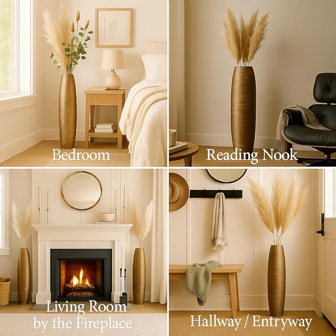 Leewadee Large Gold Home Decor Floor Vase - Wooden 34 inch Tall Farmhouse Decor Flower Holder for Fake Plant and Pampas Grass