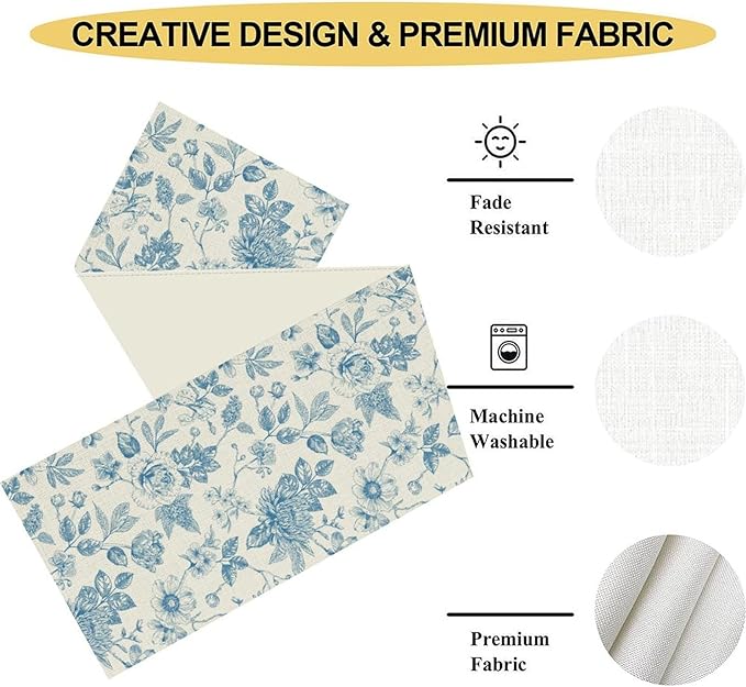 Blue Floral Table Runner, Spring Summer Sketch Wildflower Vintage Country Farmhouse Coffee Table Center Decor for Home Kitchen Dining Patio Holiday Party Table Decorations 13x36 inches