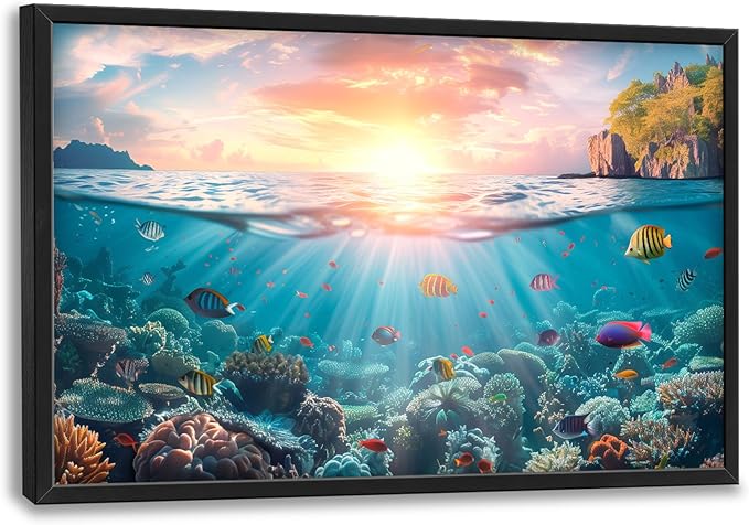 Ocean Fish Large Wall Art Framed Wall Decor for Living Room, Ocean Sunset Pictures Oversized Canvas Print Painting Modern Extra Large Framed Artwork for Bedroom Office Home Decor 36"x24"