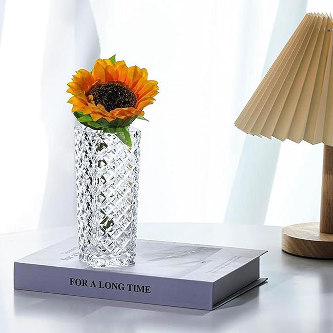 Clear Glass Vase for Flowers Esmiome Square Embossed Rectangle 6in High Glass Bud Vases Small Vase for Flowers Plant Terrarium Candle Holder Water Glasses for Wedding Centerpiece Office Table, Rhombus