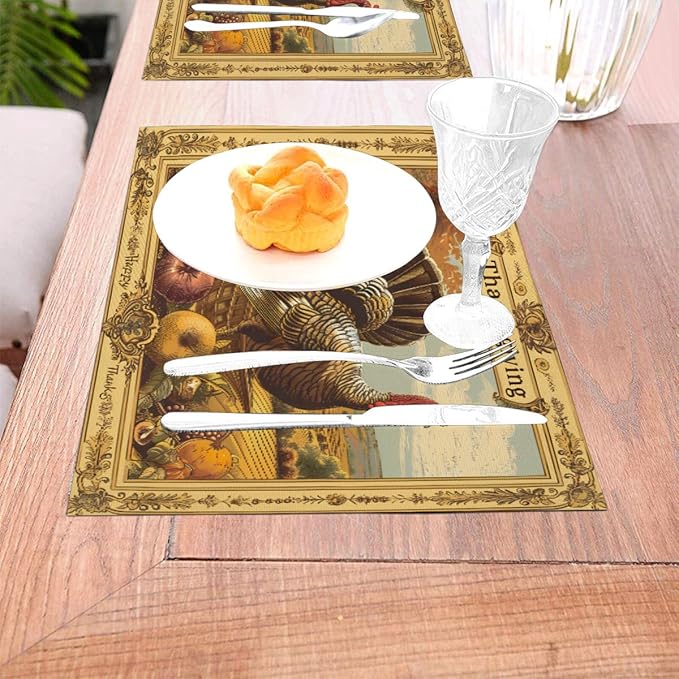 PVC Placemats Set of 1 Wipeable Table Mats Washable Heat Resistant Non Slip Vinyl Dining Table Mat for Kitchen Indoor Outdoor Patio Farmhouse Place Mats Retro Turkey Thanksgiving Decorative