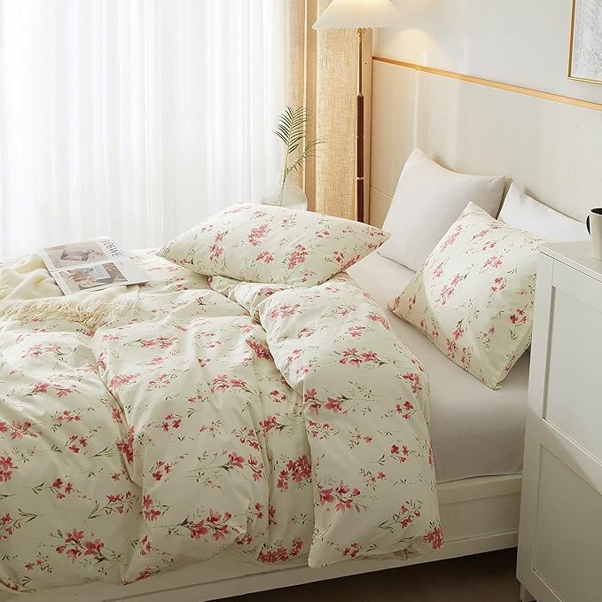 Boho Floral Duvet Cover Twin Soft Cotton Pink Floral Bedding Set Twin Chic Garden Style Cute Flower Pattern Duvet Cover Vintage Floral Botanical Comforter Cover 1 Twin Duvet Cover with 2 Pillowcases