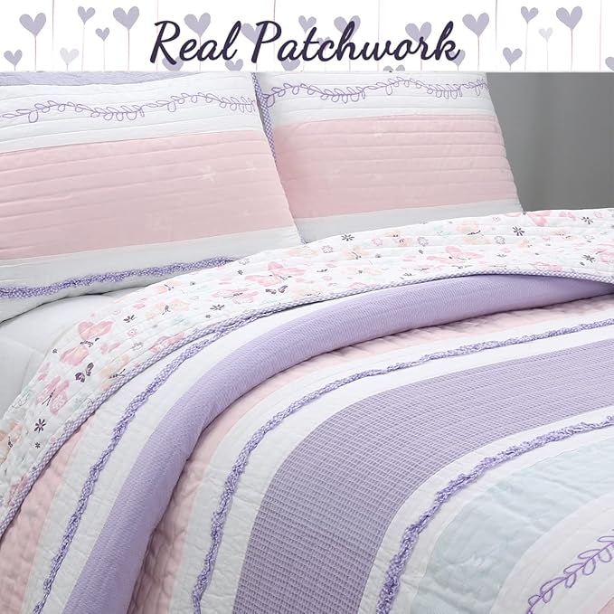 Cozy Line Home Fashions Lavender Blue Pink Ruffles Girl 100% Cotton Reversible Quilt Bedding Set, Coverlet, Bedspread (Lavender Dream, Twin - 2 Piece: 1 Quilt + 1 Sham)