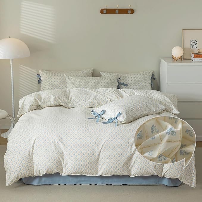 VM VOUGEMARKET Blue Flower Comforter Set Twin White Blue Grid Comforter with 2 Bow Ties Pillowcases Cute Botanical Cottagecore Bedding Sets for Teen Girls-Twin XL