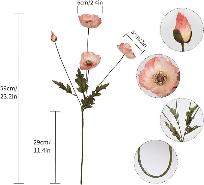 IPOPU Fake Poppies Coral Pink Silk Flowers 6pcs Artificial Poppies Realistic Faux Flowers for Wedding Centerpieces for Tables Bridal Shower Party Decorations (Coral Pink)