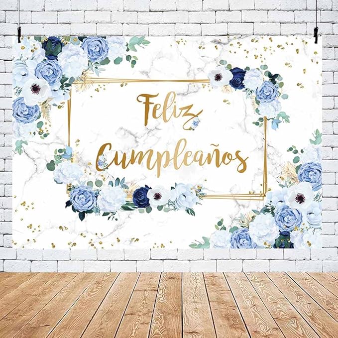 MEHOFOND 10x7ft Feliz cumpleaños Backdrop Blue and White Flowers Birthday Photography Background Girls Geometric Gold Glitter Dots Birthday Floral Party Decorations Cake Smash Decor Studio Photo Props