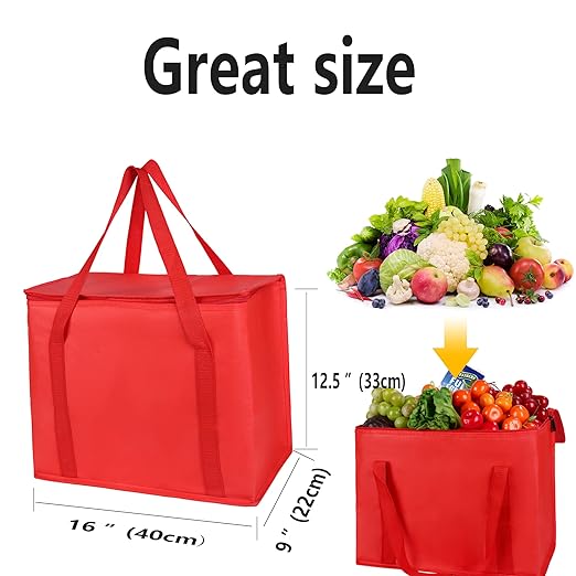 Beach Bag with Cooler Insulated Insulation Grocery Bags,Shopping Red, Reusable, Heavy Duty, Zipped Zipper,Collapsible,Tote,Cooler,Groceries,for car,Recycled Material Warm Foldable Bag…