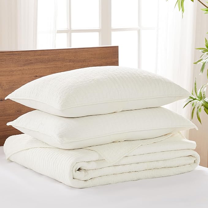 Levtex Home Cross Stitch Reversible Twin Bedspread Set (84x104in) with 1 Pillow Sham (26x20in) - Stitch Texture - Cream - Cotton Twin Size Bedspread Set - Lightweight, Soft, Pre-Washed