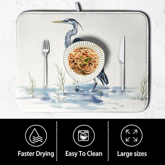 Summer Dish Drying Mat Blue White Heron Beach Absorbent Microfiber Drying Mats for Kitchen Counter Coastal Nautical Birds Dishes Drainer Mat Extra Large 18x24 Inch