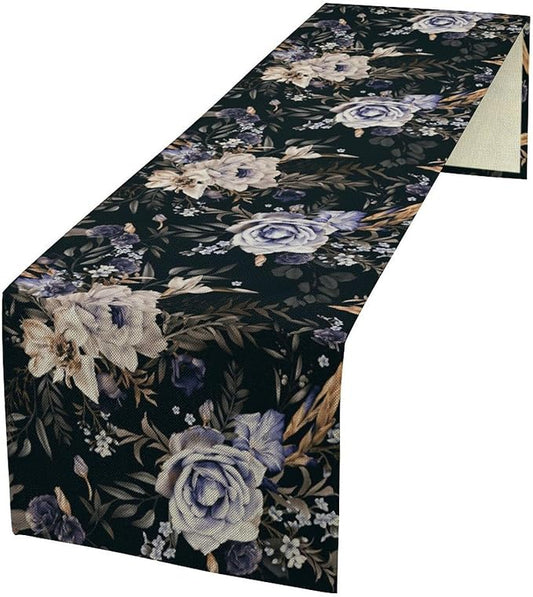 Dark Botanical Table Runner, Gothic Vintage Purple Garden Flowers Herbs Print Print Table Cover for Kitchen Dining Home Decor Wreath Party Decoration, 13x36inch
