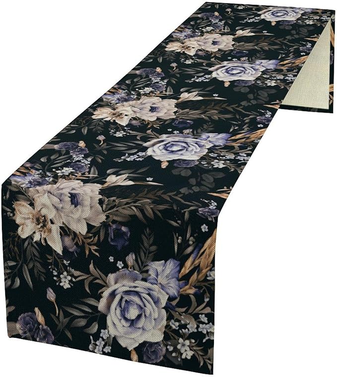 Dark Botanical Table Runner, Gothic Vintage Purple Garden Flowers Herbs Print Print Table Cover for Kitchen Dining Home Decor Wreath Party Decoration, 13x90inch