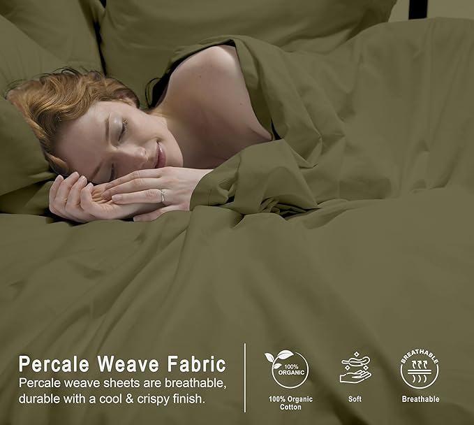 RUVANTI 100% Organic Cotton Sheets King Size, Percale Weave, GOTS Certified, 4-Piece Set, Deep Pocket 15", Crisp & Breathable, Soft Durable Bedding, Sábanas Algodón Orgánico – Olive