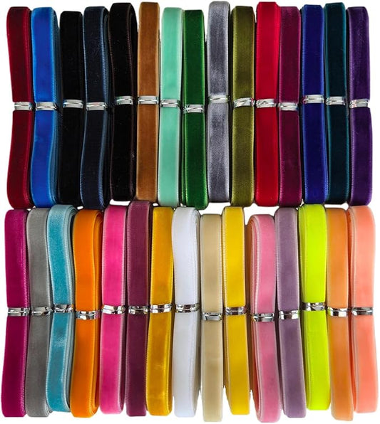 Chenkou Craft 30 Yards 3/8" Velvet Ribbon Total 30 Colors Assorted Lots Bulk (Multicolored, 3/8"(10mm))