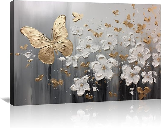 KPLUNDO Glod Butterfly Wall Art White Flower Canvas Prints Wall Decor Gray Poster Landscape Picture Modern Artwork Home Decor for Office Living Room Bedroom Bathroom Decoration(Art-1,28.00x42.00 inch)