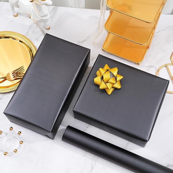 ZINTBIAL Matte Black Wrapping Paper Roll with Cut Lines - Solid Black Holiday Gift Wrap for Graduation, Birthdays, Wedding, Christmas, All Occasion - 17.5 in x 33 ft (48 sq. ft), Easy to Cut