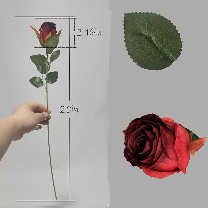 Artificial Roses 10 Pcs - Lifelike Single Stem Fake Roses with Natural Petal Texture,Fade-Resistant Silk Flowers for Wedding Decor,Home Vase Arrangements,Party Centerpieces(10, Red)