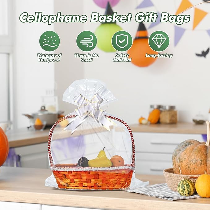 50 Packs Large Cellophane Bags 18" x 24" Clear Cellophane Gift Basket Wraps 2.3 Mil Thick Transparent Cello Bags for Fruit Basket, Gift Wrap, Treats, Arts and Crafts, 50ct White Ribbon Bows
