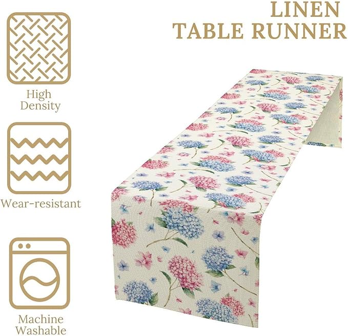 Hydrangea Table Runner, Spring Summer Watercolor Blue Floral Seasonal Country Farmhouse Coffee Coffee Table Center Decor for Home Kitchen Dining Patio Holiday Party Table Decorations 13x72 inches