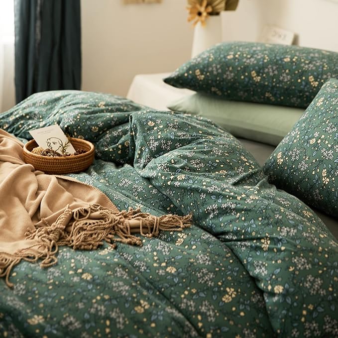 HighBuy Jersey Knit Cotton Duvet Cover Queen Green Floral 100% T-Shirt Cotton Comfy Bedding Set Super Soft Garden Chic Comforter Cover Queen Size