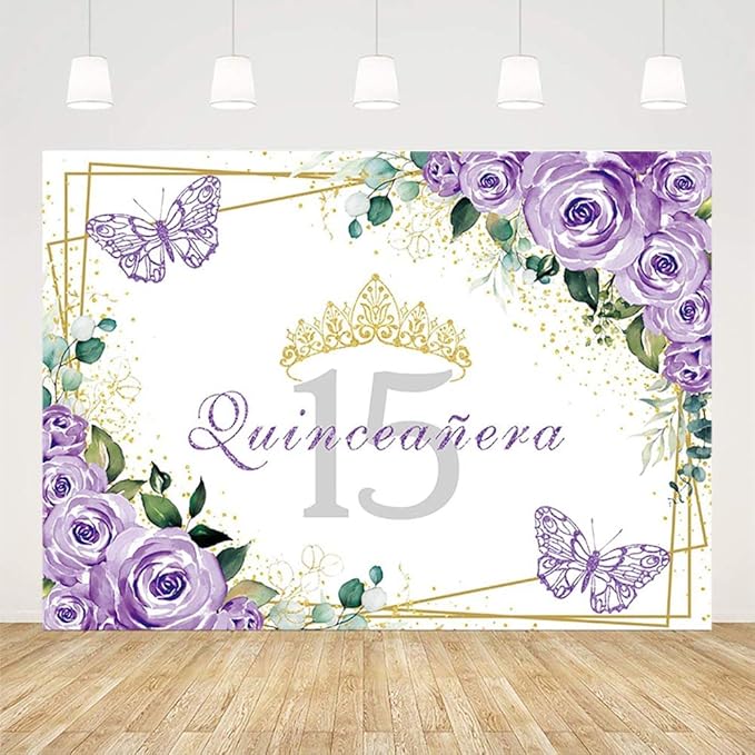 SENDY 7x5ft Quinceañera Backdrop Mis Quince 15 Anos Birthday Party Decoration Supplies for Girl Princess Purple Floral Butterfly Gold Crown Photography Background Banner Photo Booth Studio Props Vinyl