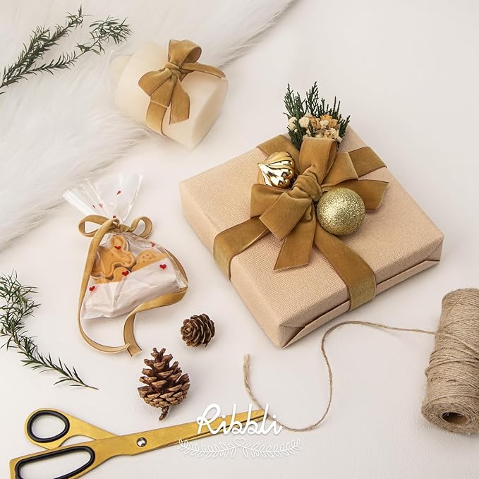 Ribbli Khaki Velvet Ribbon 3/8 Inches Continuous 25 Yard Spool Khaki Christmas Ribbon for Gift Wrapping Crafts Home Decor