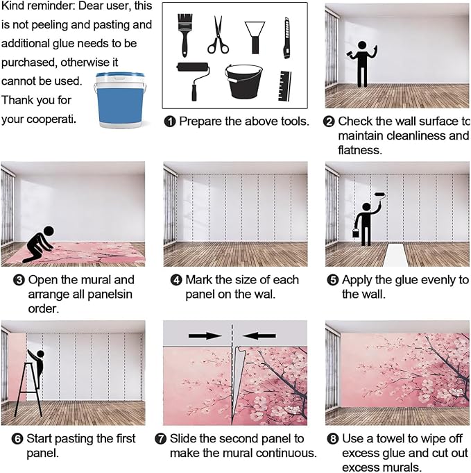 Pink Cherry Blossom Wall Mural, Romantic Cherry Blossom 3D Wall Murals, Japanese Flower Wallpaper Mural, for Living Room Bedroom Large Wallpaper Indoor Decor 98.4" W x68.9 H