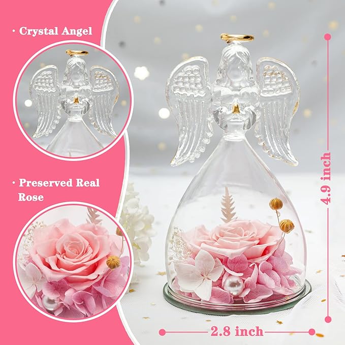 ANWEAO Christmas Flowers Gifts for Women,Mom, Preserved Real Rose with Angel Necklace,Romantic Gift for Her,Mom Birthday Gifts,Eternal Flowers Angel Gifts for Women Grandma Wife Girlfriend