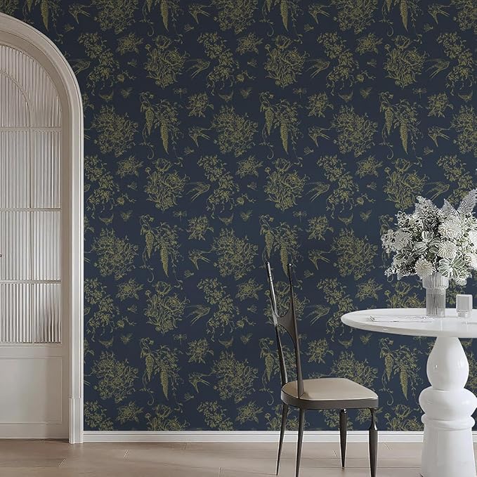 Floral Birds Wallpaper Peel and Stick Dark Blue Contact Paper 16.9”x 118.1” Vintage Floral Self Adhesive Removable Wallpaper Flower Birds Wall Paper for Bathroom Kitchen Decor Vinyl
