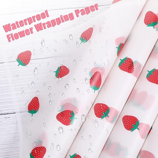 20 Sheets Bouquet Wrapping Paper, 22.4Inch White Strawberry Pattern Flower Floral Wrapping Paper White Floral Paper for Bouquets Kit, Waterproof Decorations with Ribbon for DIY Crafts Wedding Birthday Party