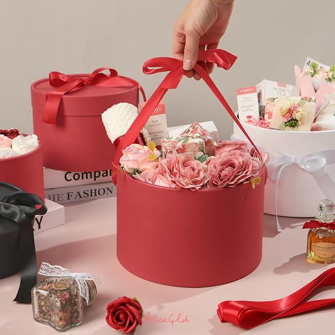 ROSEGLD Round Gift Boxes with Lids Set of 4, Luxury Gift Boxes with Ribbons Assorted Sizes, Nesting Gifts Boxes for Flowers Arrangements, Wedding, Party (Matte Red)